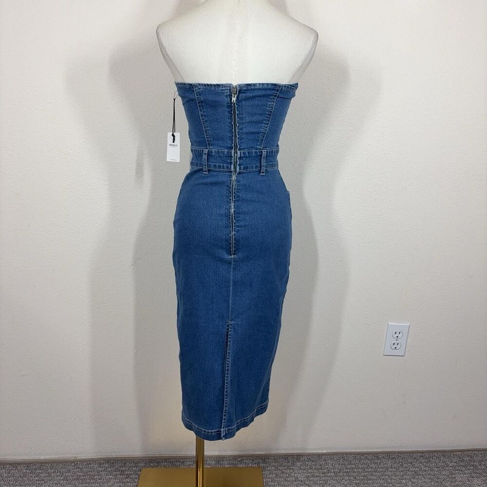 Forever 21 Dress Womens Small Blue Denim Strapless Bodycon Midi Pockets Corset - Picture 2 of 10